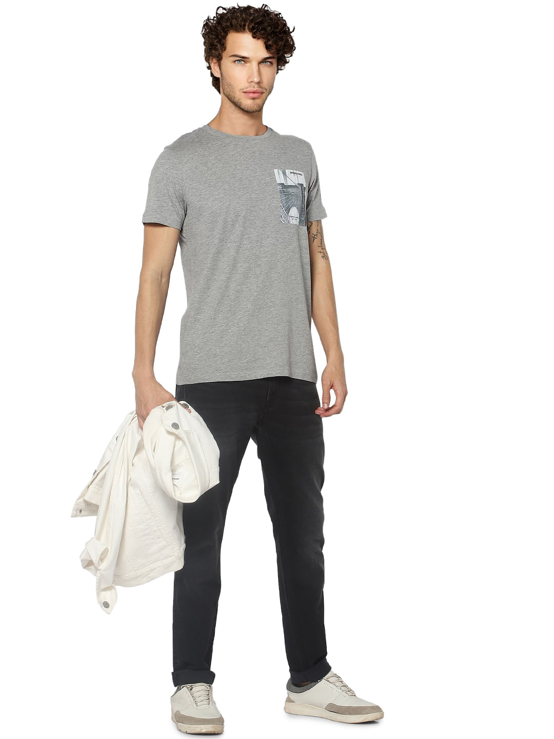 Grey Graphic Print Crew Neck T-shirt - S