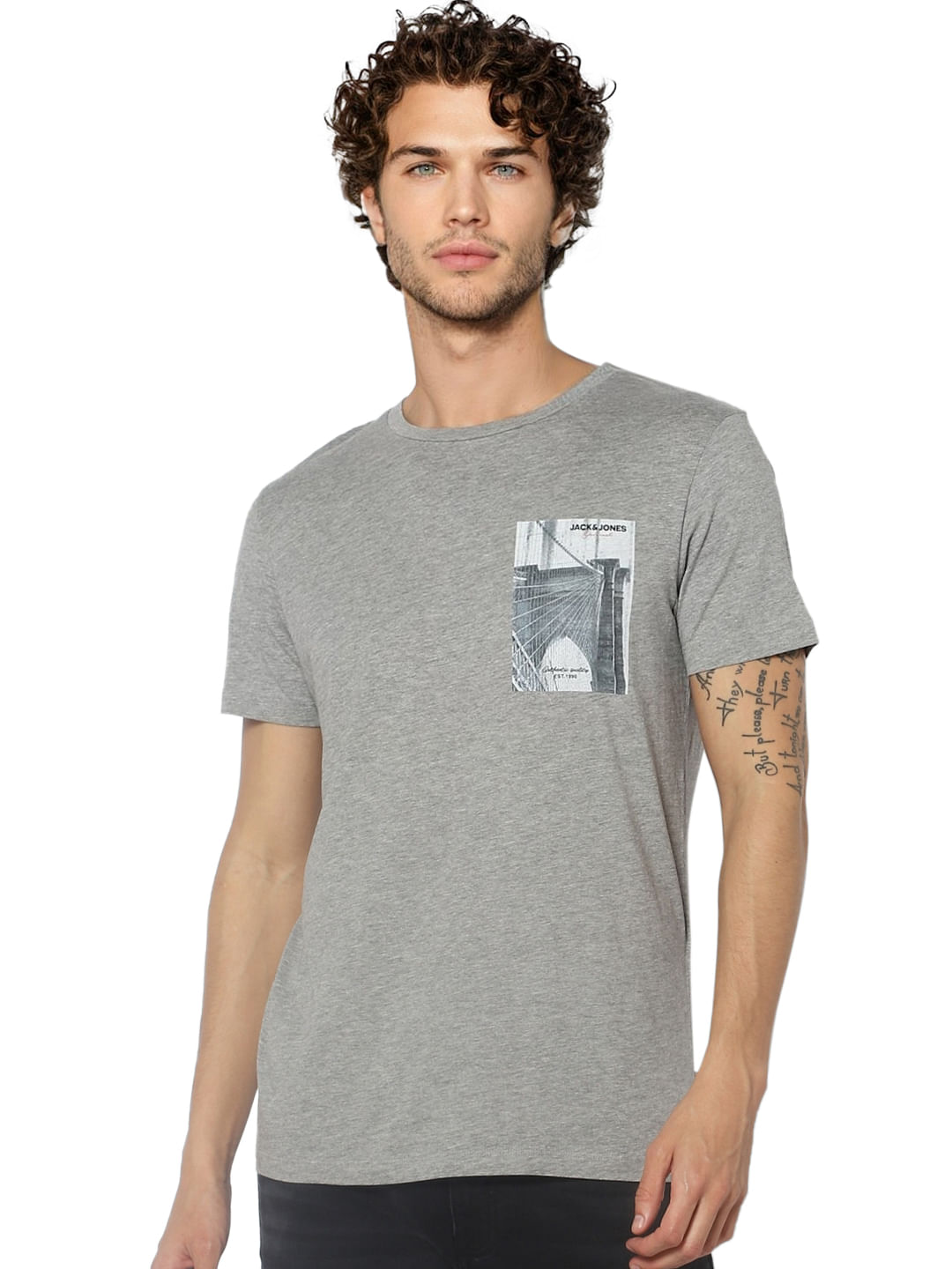 Grey Graphic Print Crew Neck T-shirt