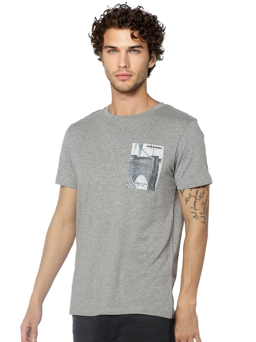 Grey Graphic Print Crew Neck T-shirt