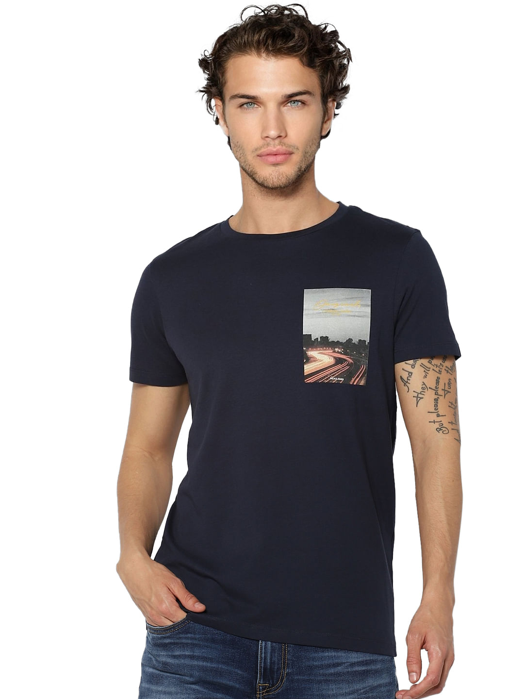 Navy Blue Graphic Print Crew Neck T-shirt