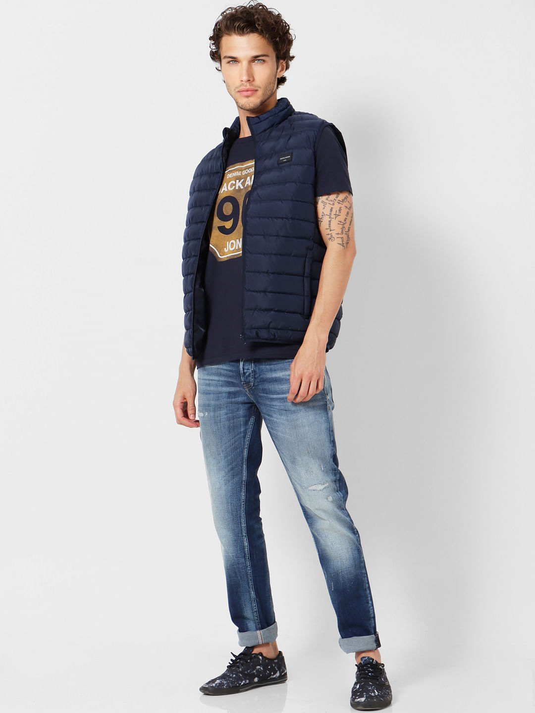 Navy Blue Logo Print Crew Neck T-shirt - S