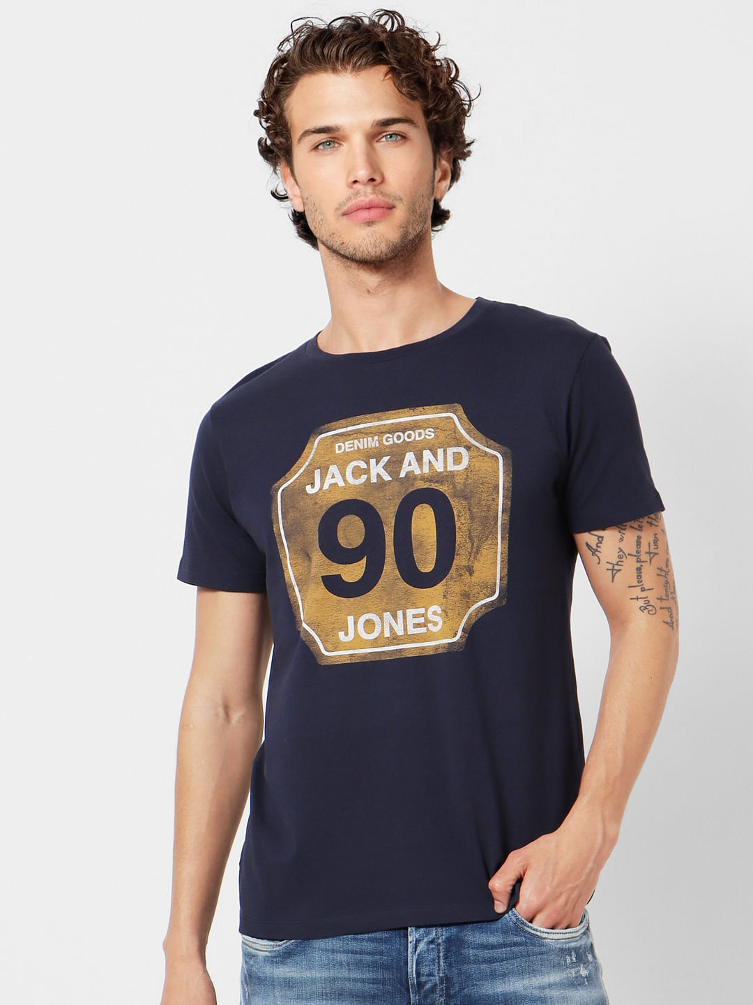 Navy Blue Logo Print Crew Neck T-shirt