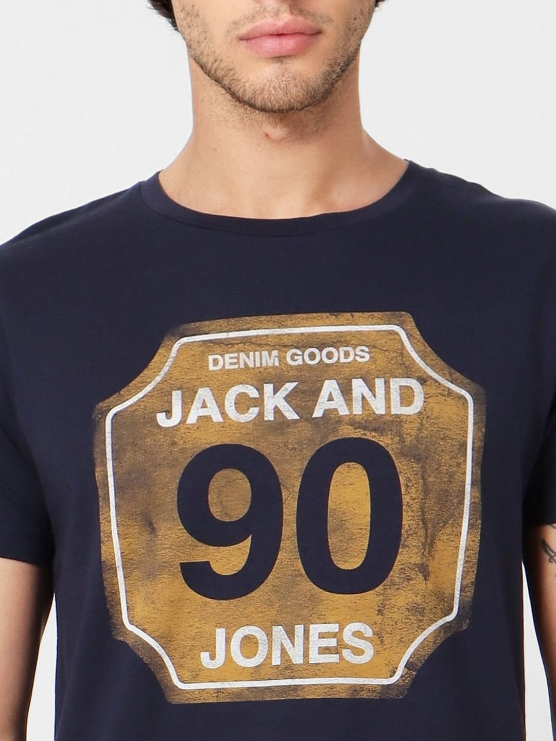 Navy Blue Logo Print Crew Neck T-shirt