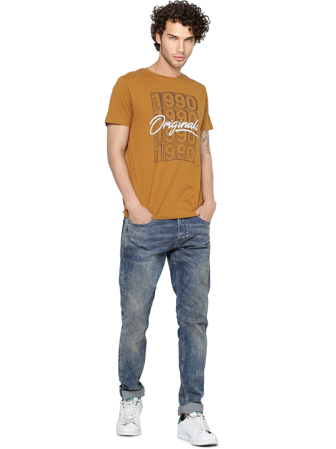Brown Text Print Crew Neck T-shirt - S