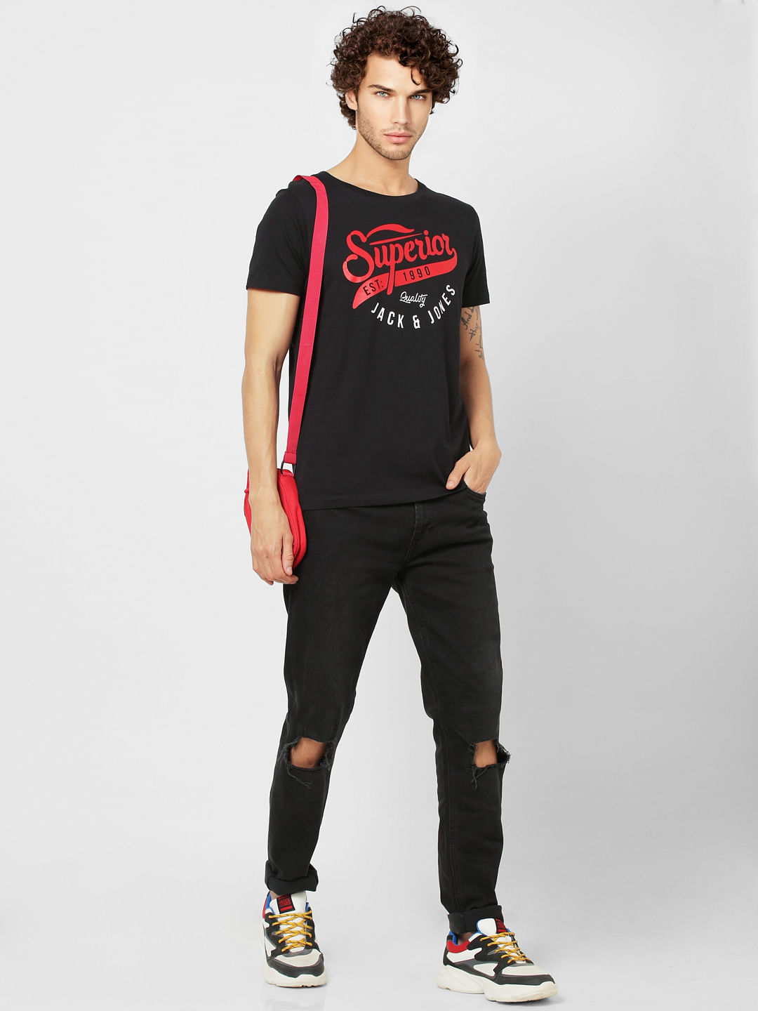 Black Logo Print Crew Neck T-shirt - S