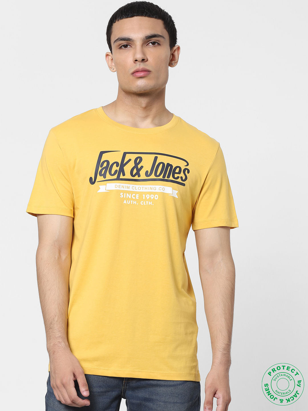 Yellow Logo Print Crew Neck T-shirt - S