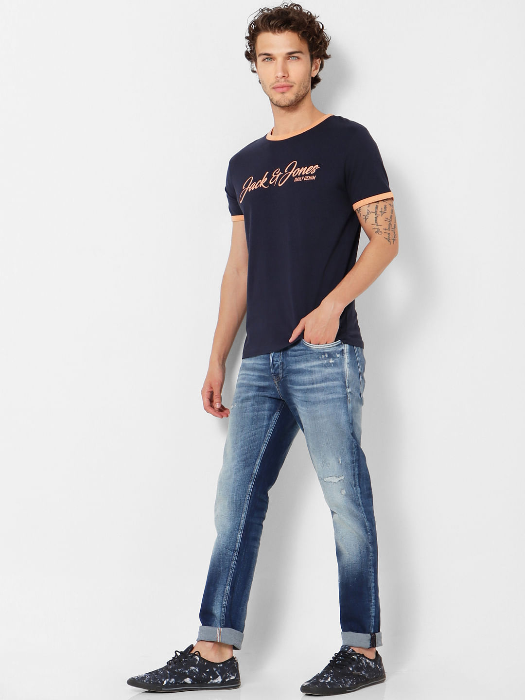 Blue Logo Print Contrast Tipping Crew Neck T-shirt