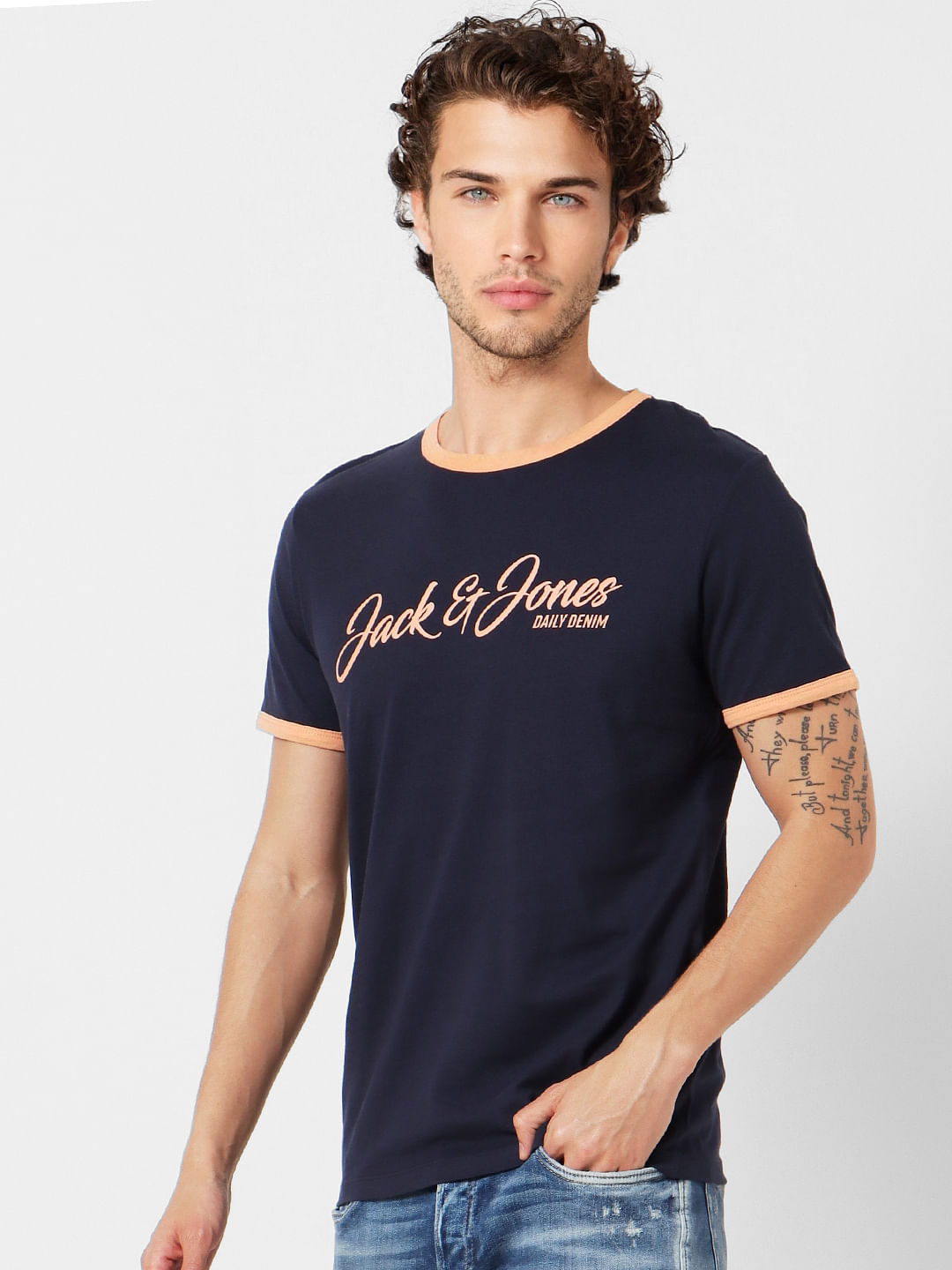 Blue Logo Print Contrast Tipping Crew Neck T-shirt