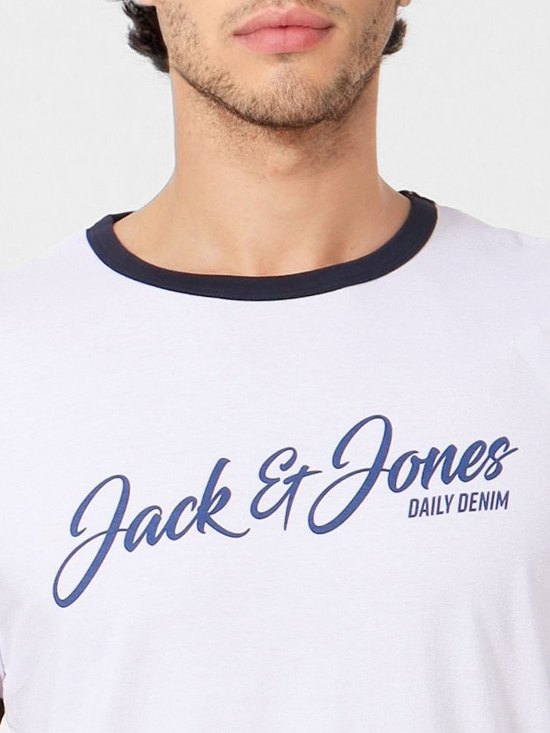 White Logo Print Contrast Tipping Crew Neck T-shirt