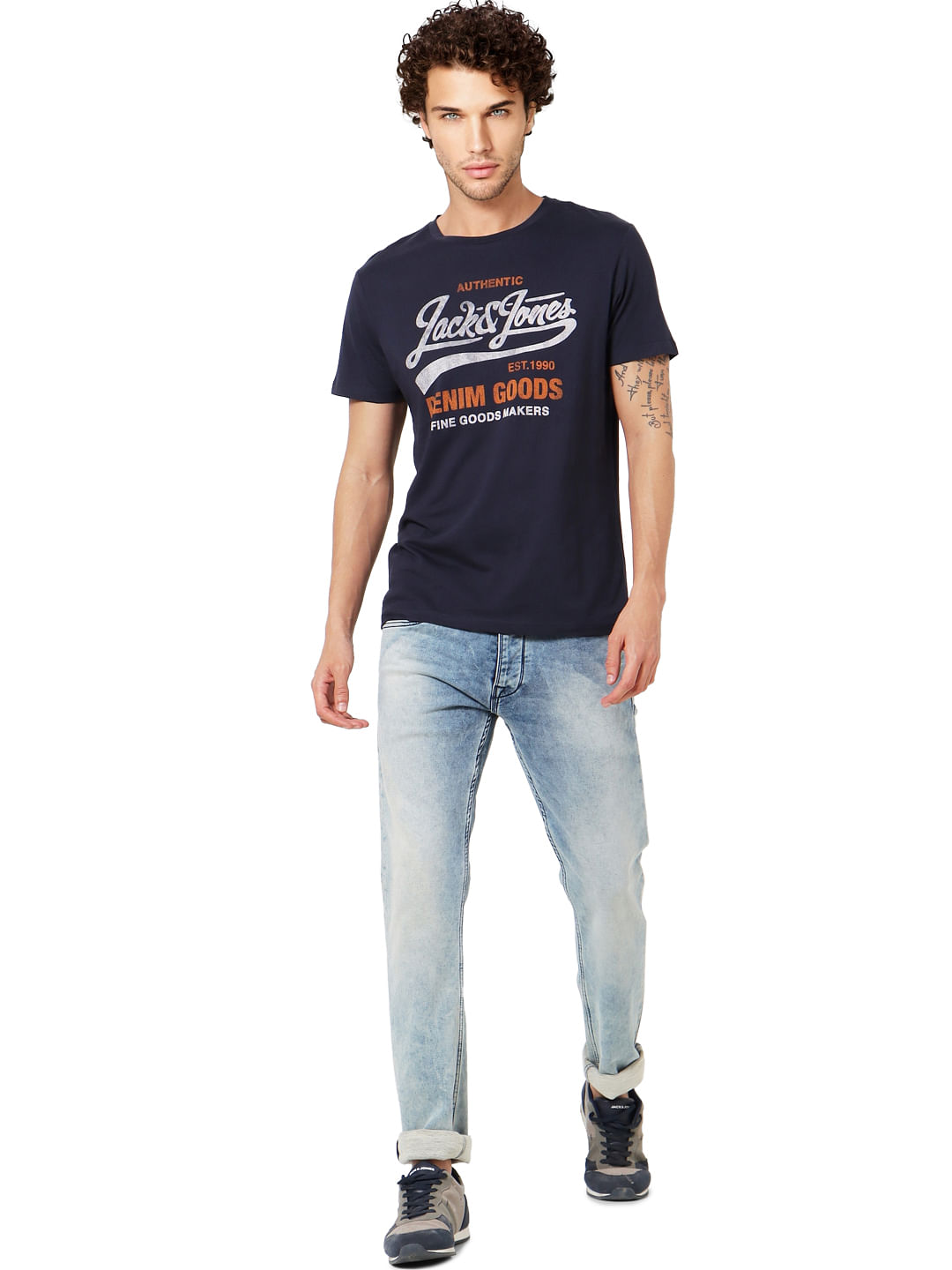 Navy Blue Logo Print Crew Neck T-shirt - S
