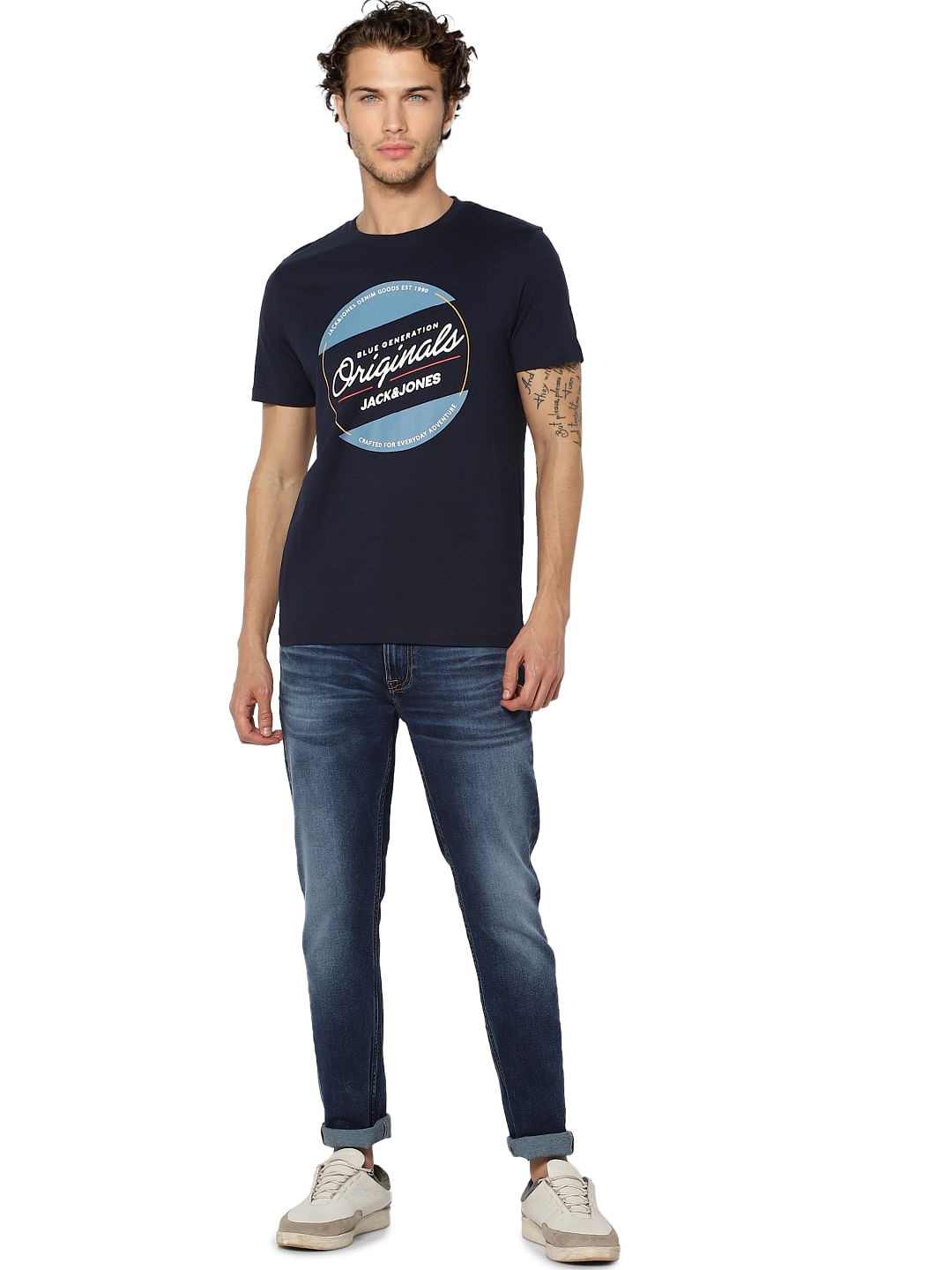 Navy Blue Logo Print Crew Neck T-shirt