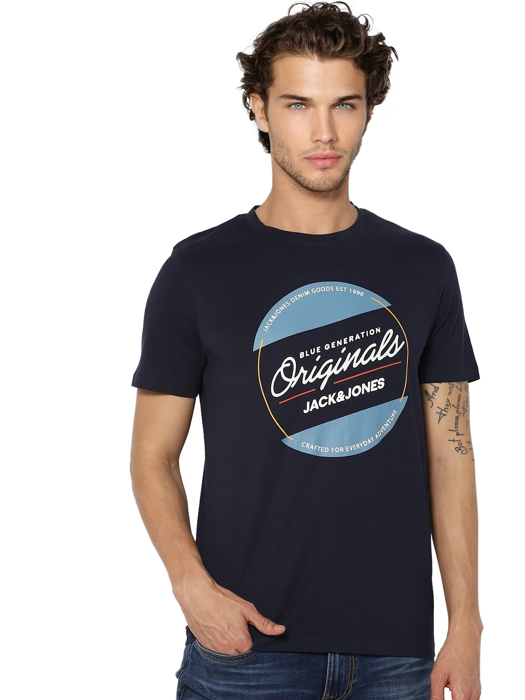 Navy Blue Logo Print Crew Neck T-shirt