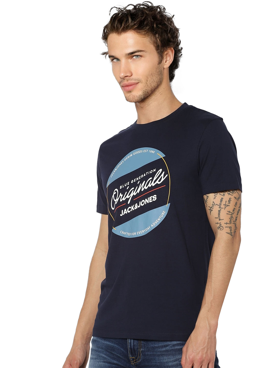 Navy Blue Logo Print Crew Neck T-shirt