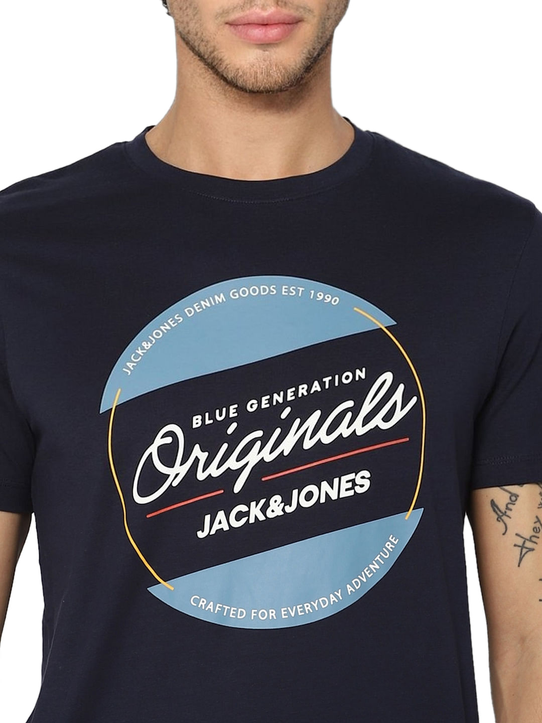 Navy Blue Logo Print Crew Neck T-shirt