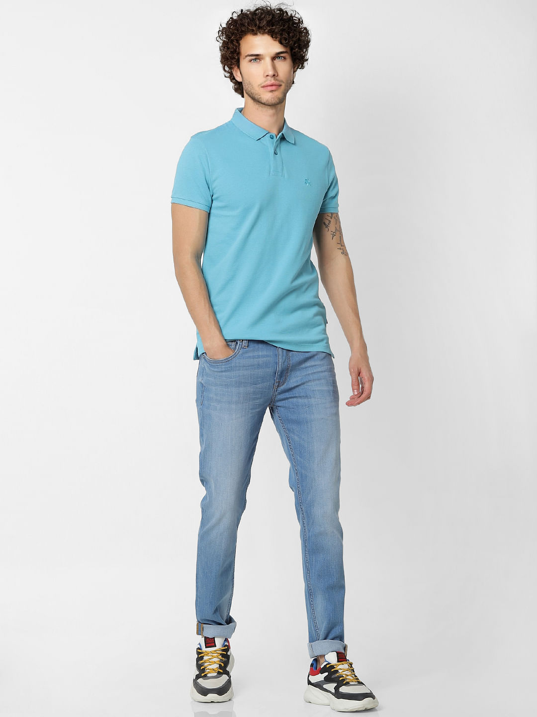 Turquoise Blue Polo Neck T-shirt - S