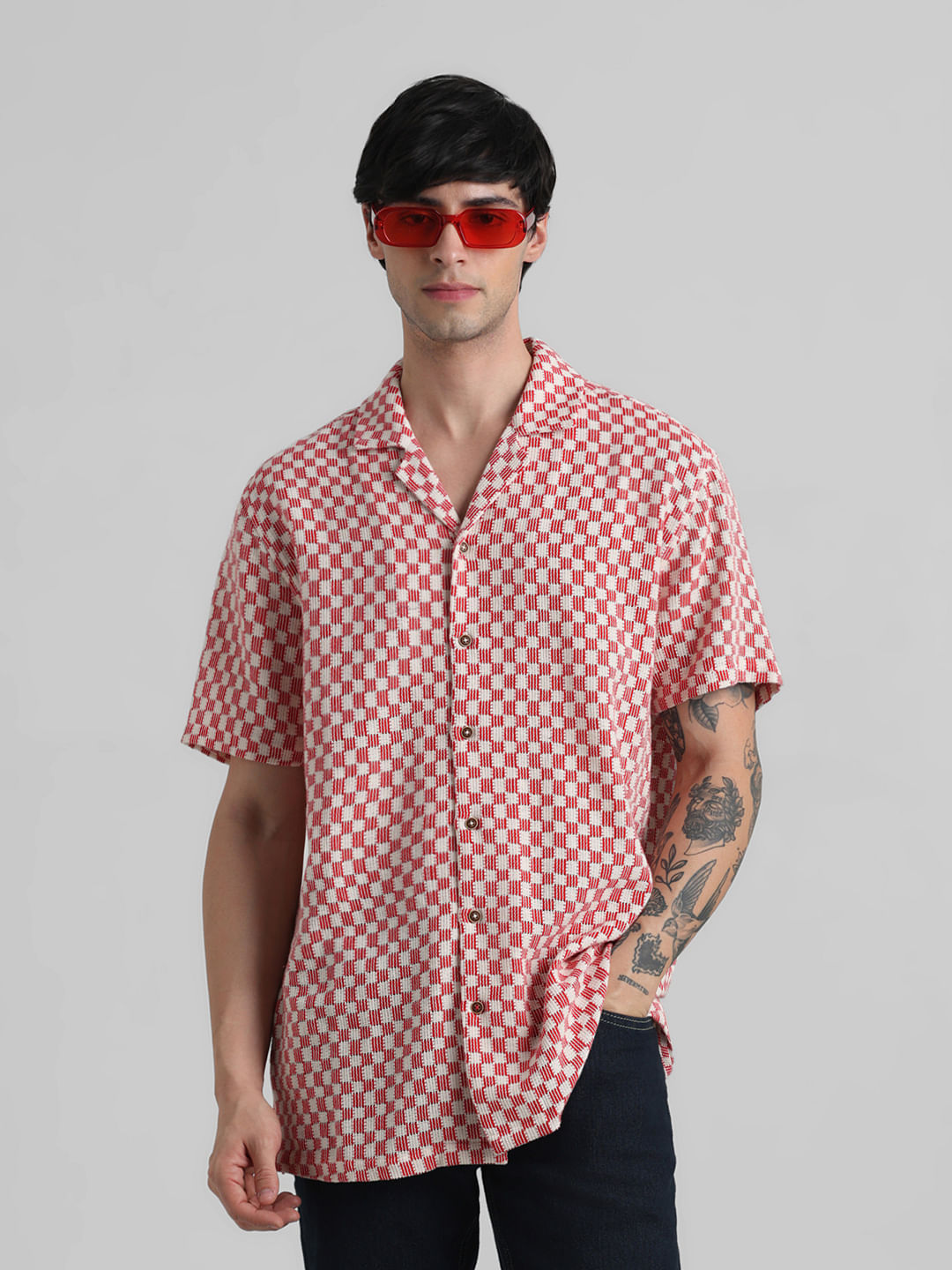 Red Printed Short Sleeves Shirt - S