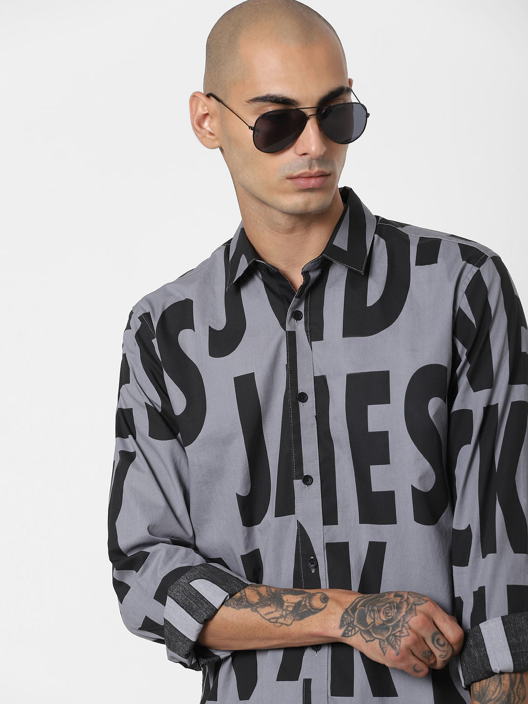 Grey All Over Print Full Sleeves Shirt - S