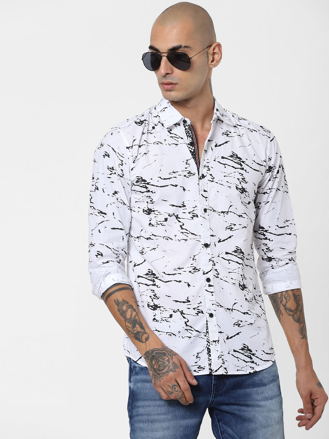 White Marble Effect Full Sleeves Shirt - S