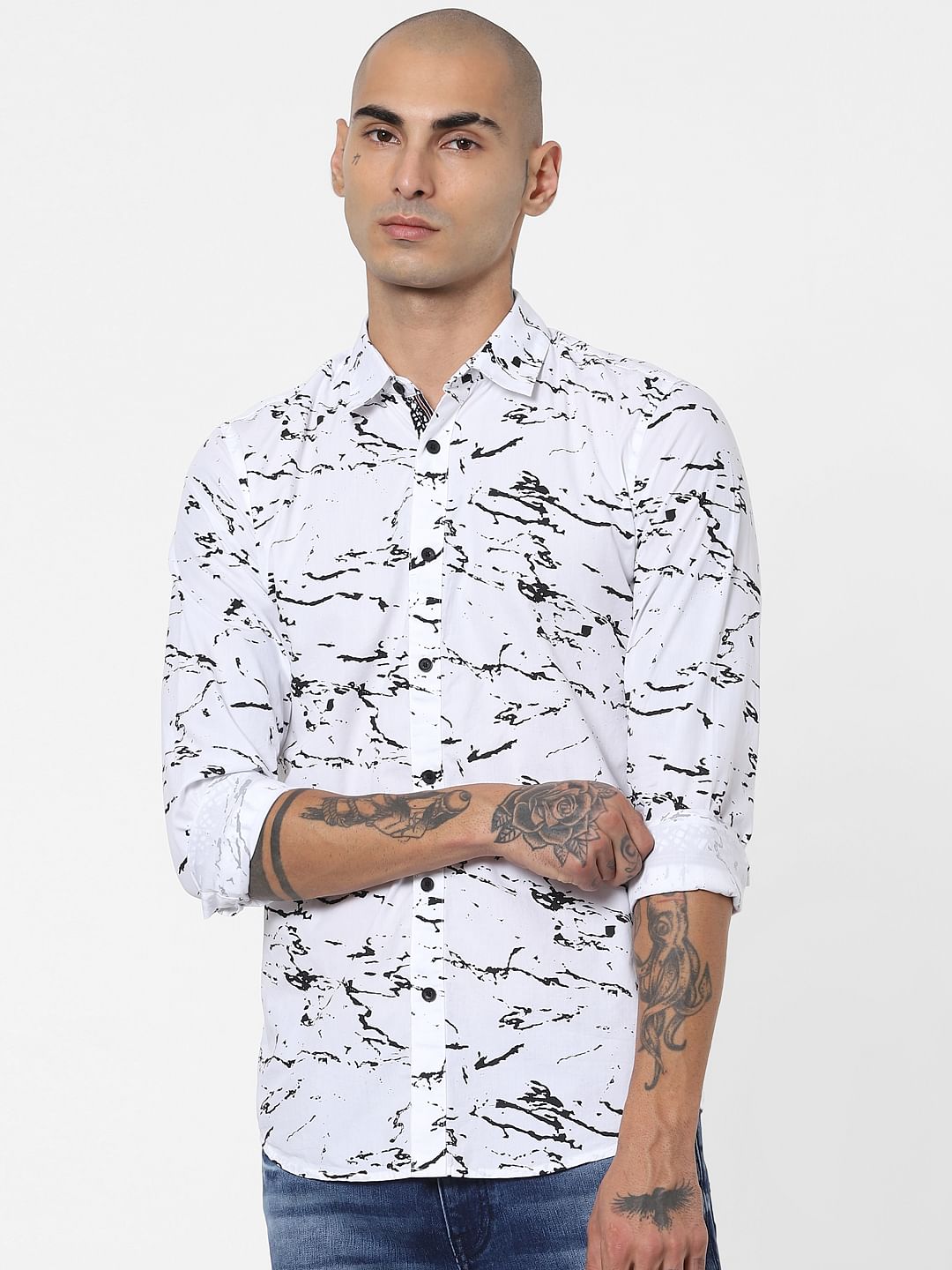 White Marble Effect Full Sleeves Shirt