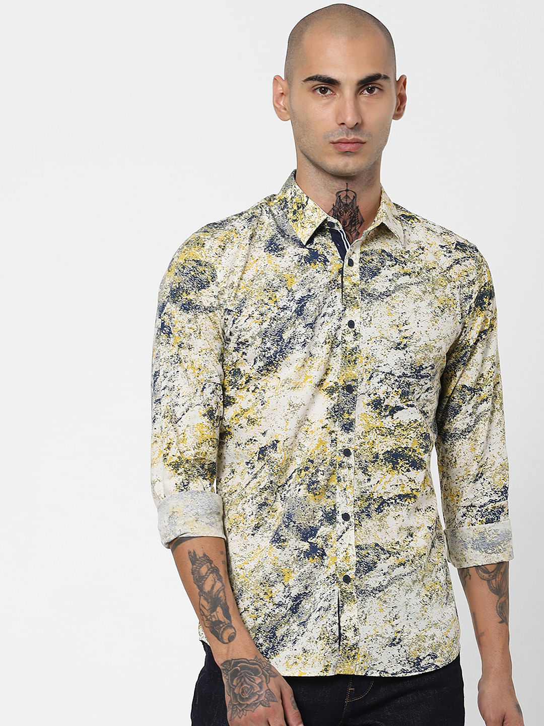 Yellow & Blue Abstract Print Full Sleeves Shirt