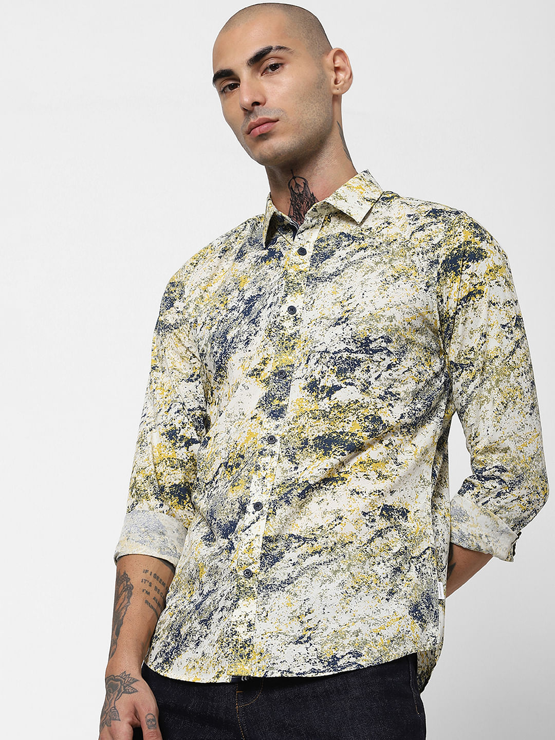 Yellow & Blue Abstract Print Full Sleeves Shirt