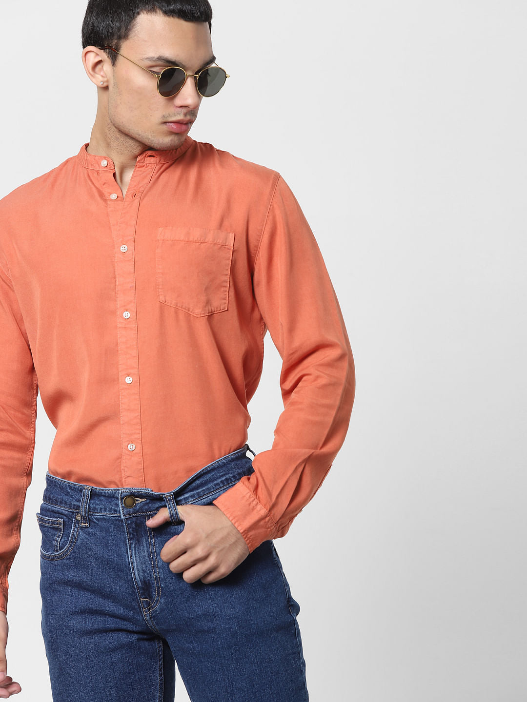 Orange Mandarin Collar Full Sleeves Shirt - S