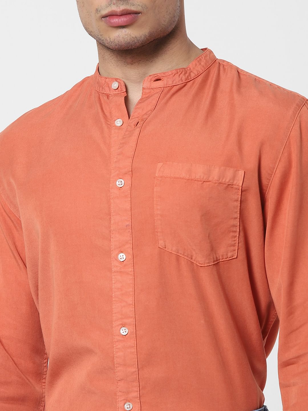 Orange Mandarin Collar Full Sleeves Shirt