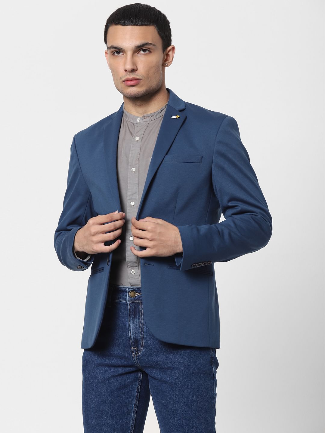 Grey Mandarin Collar Full Sleeves Shirt - S