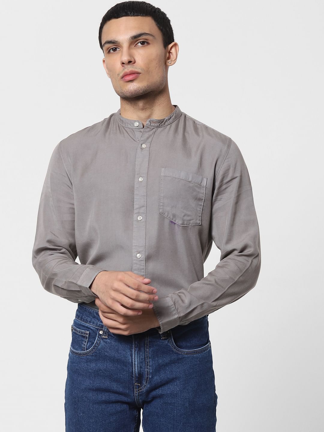 Grey Mandarin Collar Full Sleeves Shirt