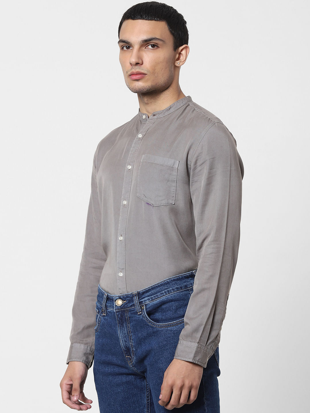 Grey Mandarin Collar Full Sleeves Shirt