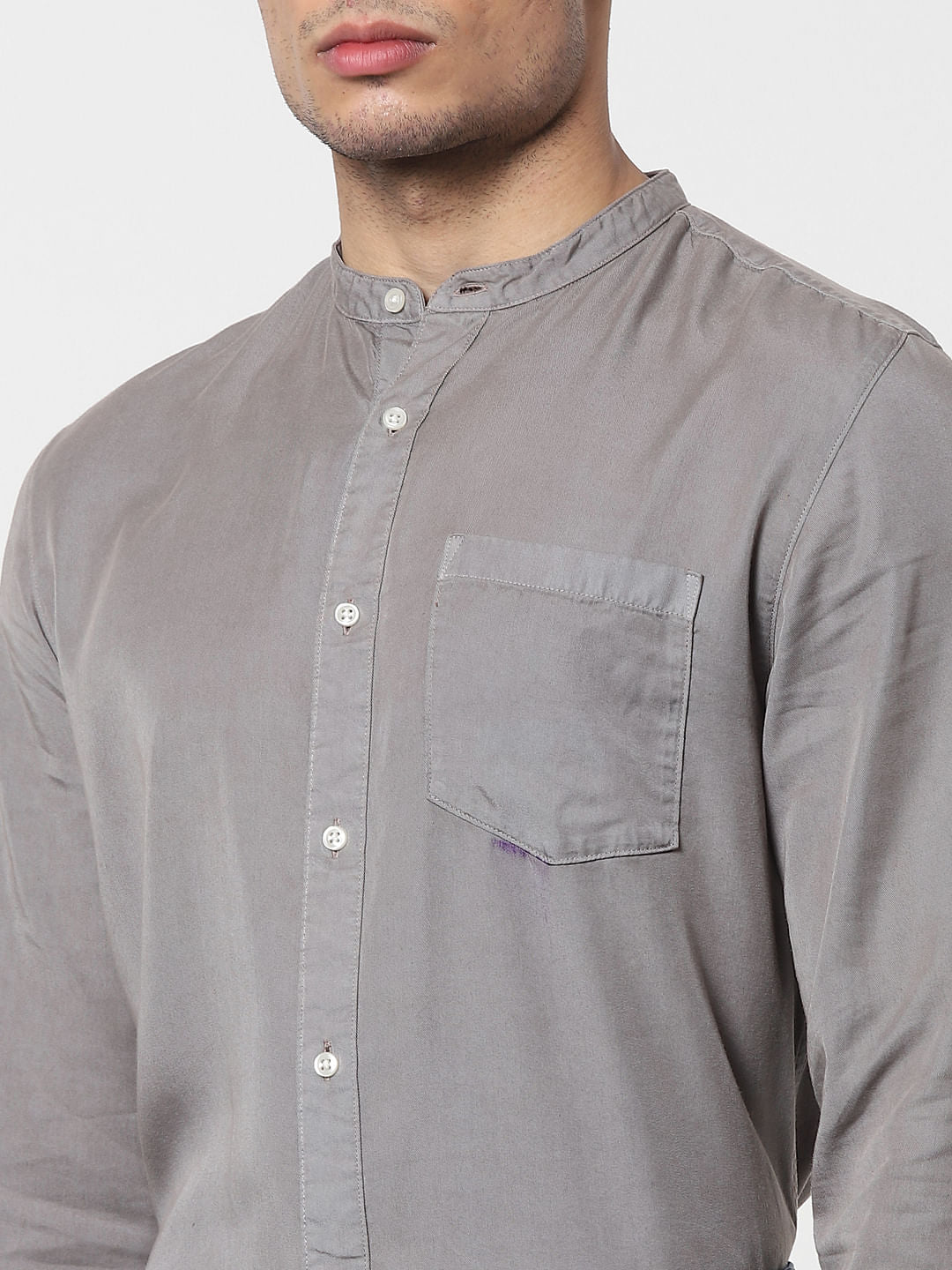 Grey Mandarin Collar Full Sleeves Shirt