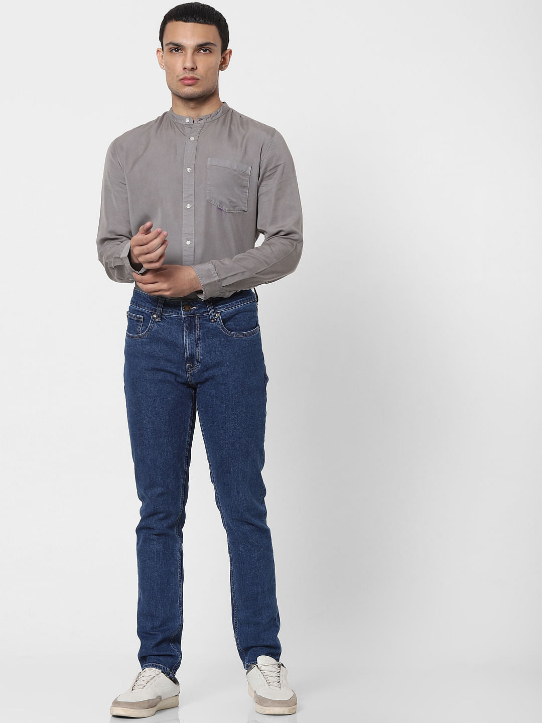 Grey Mandarin Collar Full Sleeves Shirt