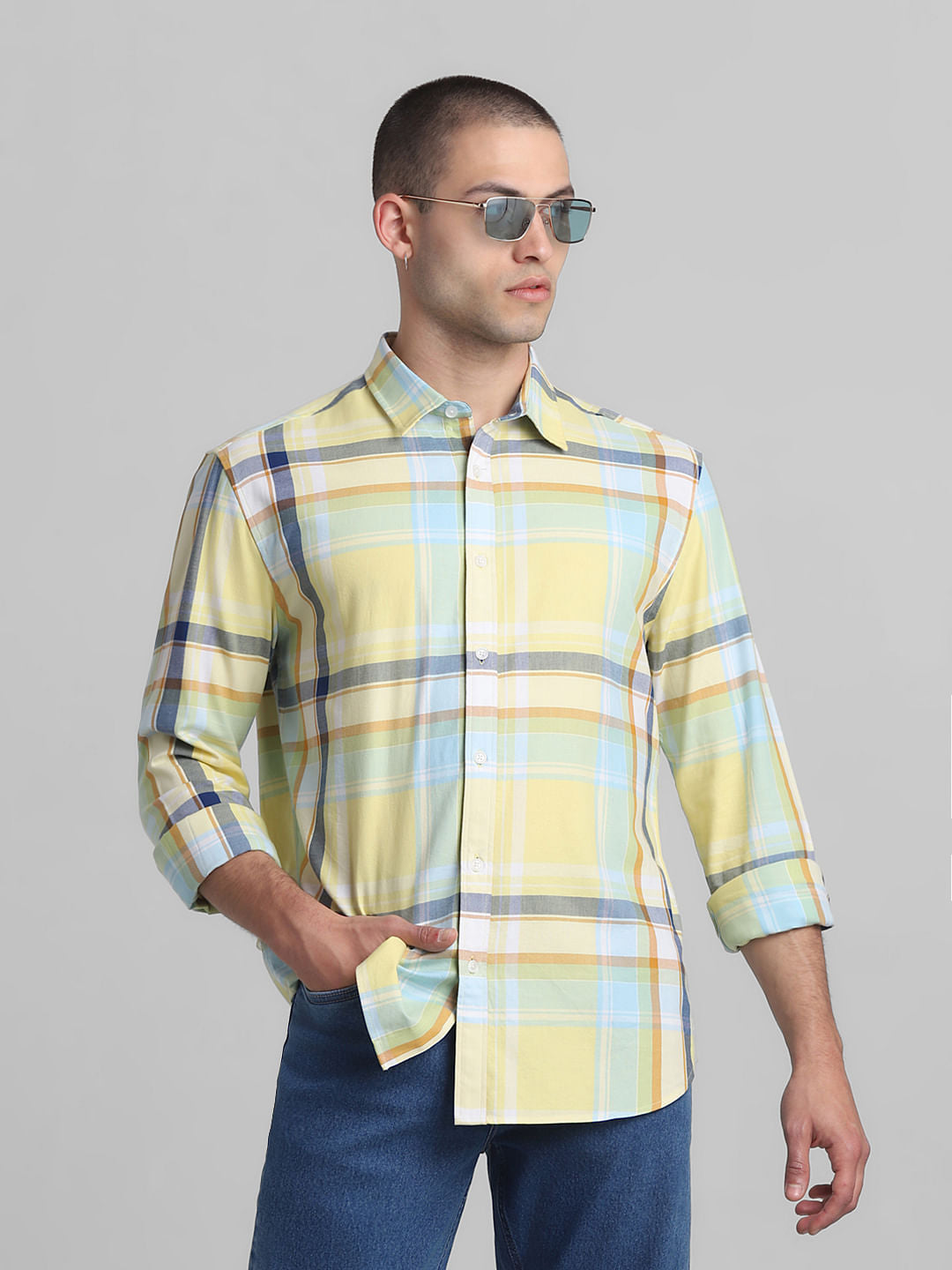 Yellow Check Full Sleeves Shirt - L