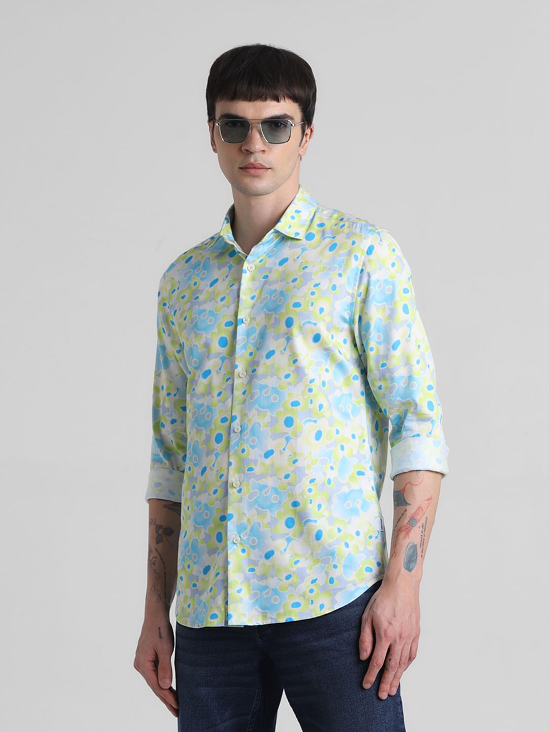 Green Floral Full Sleeves Shirt - S