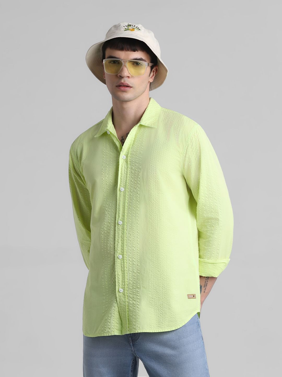 Lime Green Cotton Full Sleeves Shirt - S