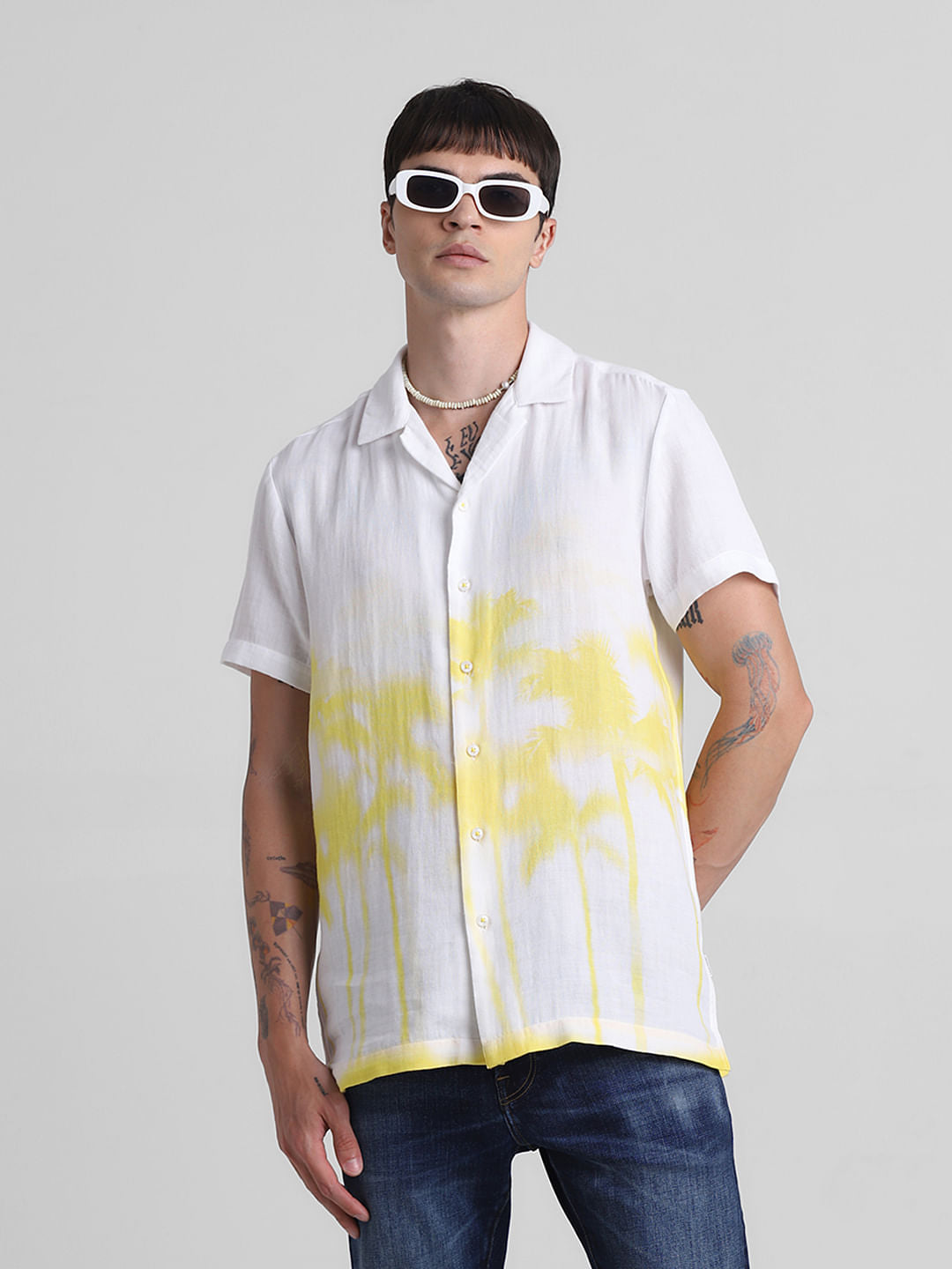 White Palm Tree Printed Shirt - S
