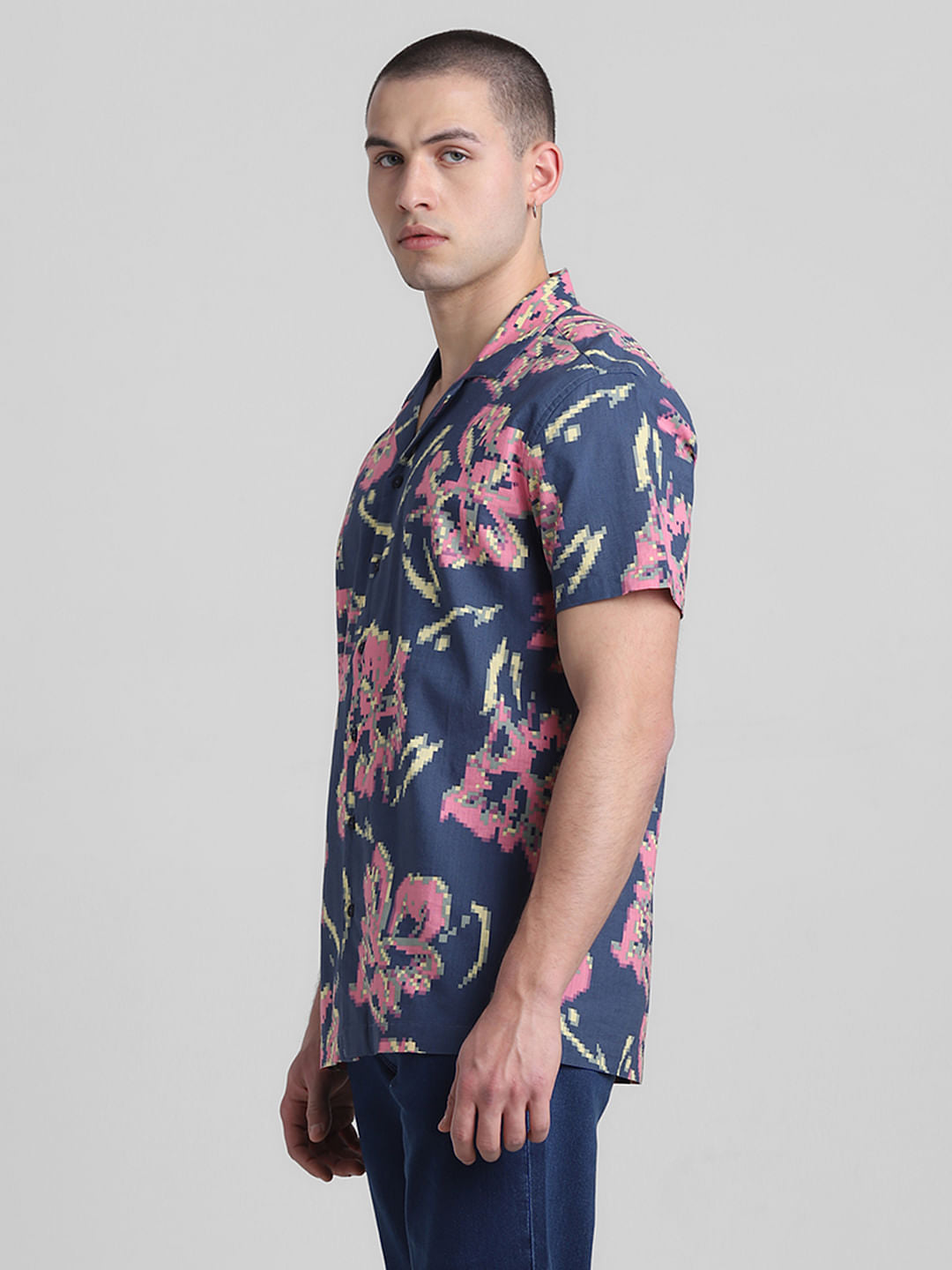 Blue Printed Short Sleeves Shirt