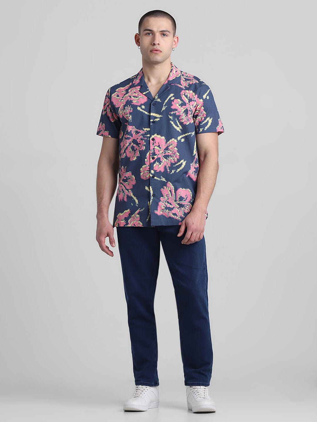 Blue Printed Short Sleeves Shirt