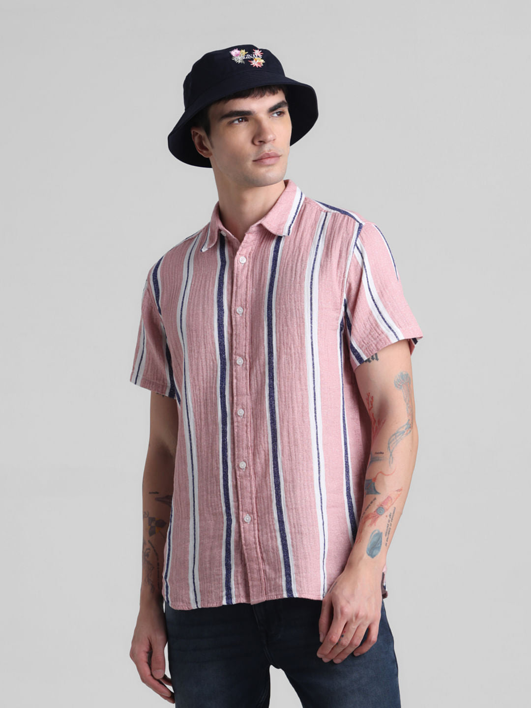 Pink Striped Short Sleeves Shirt - S