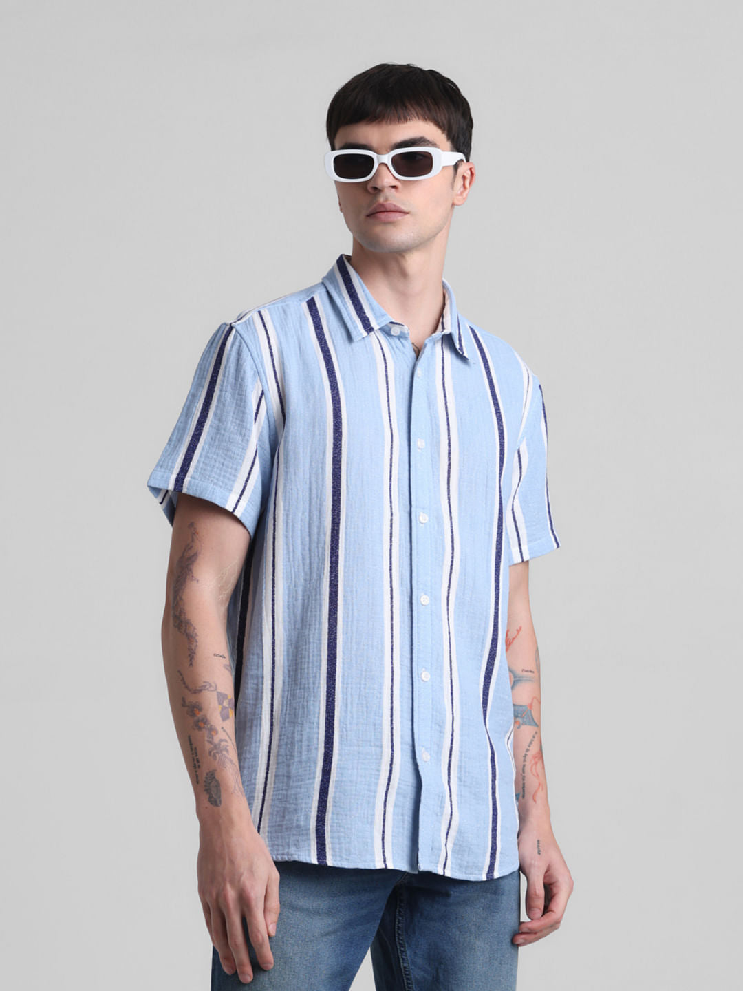 Blue Striped Short Sleeves Shirt - S