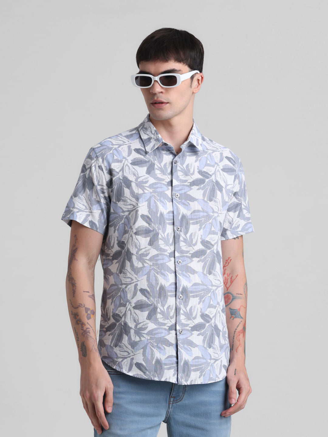 Grey Floral Short Sleeves Shirt - S
