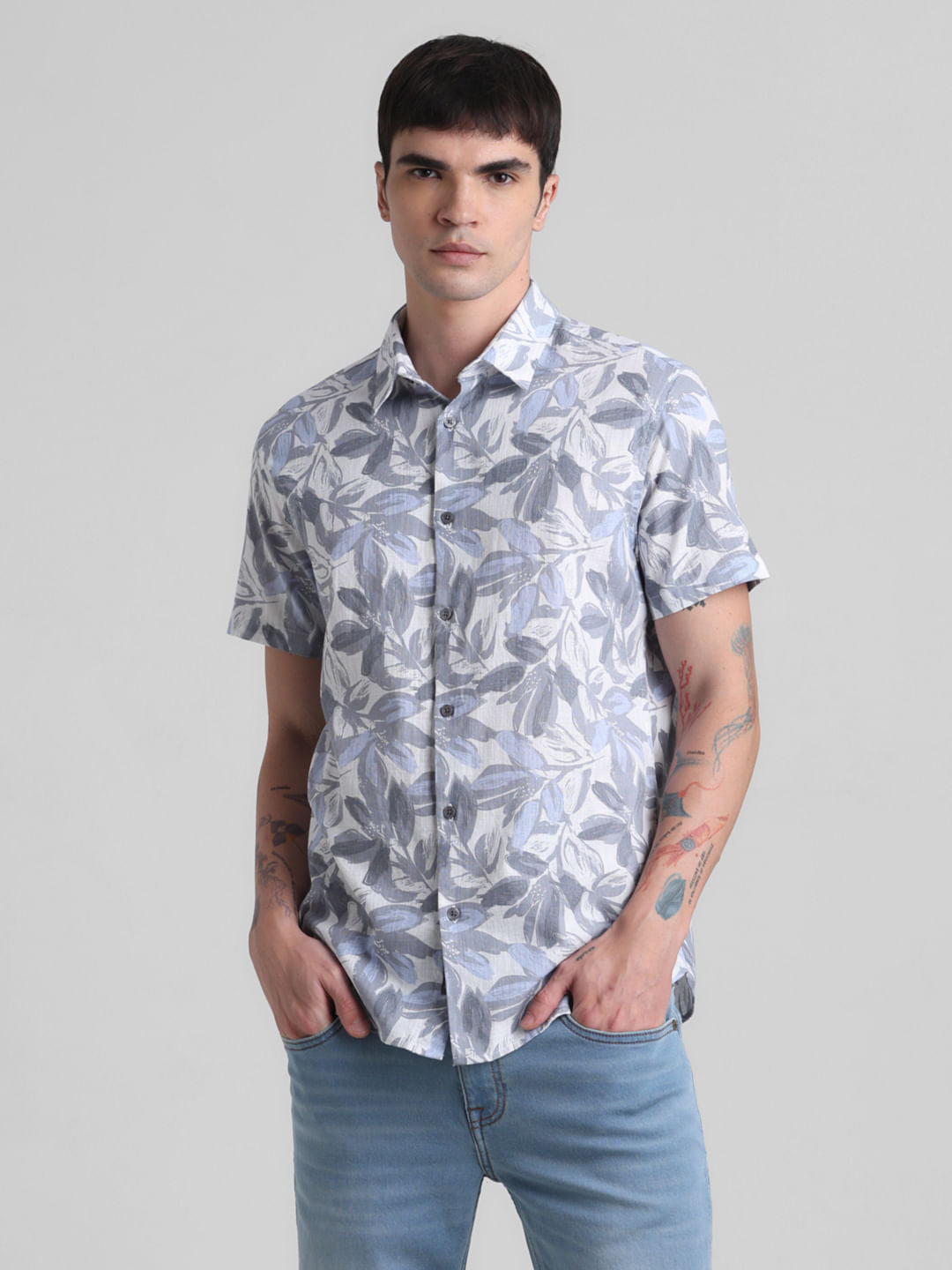 Grey Floral Short Sleeves Shirt