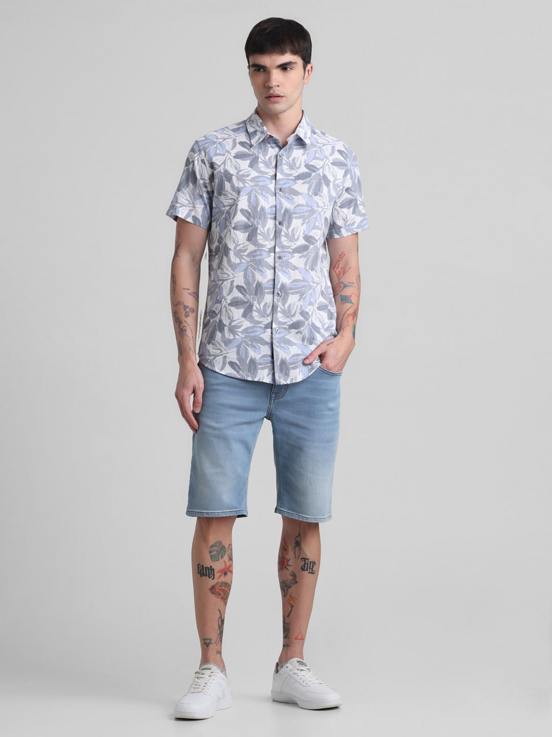 Grey Floral Short Sleeves Shirt