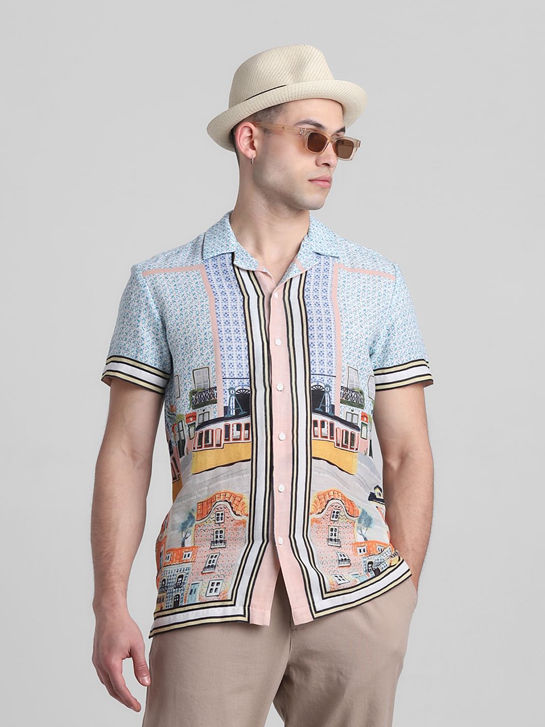 Blue Printed Short Sleeves Shirt - S