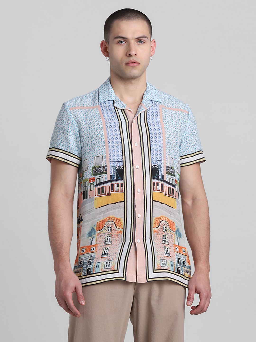 Blue Printed Short Sleeves Shirt