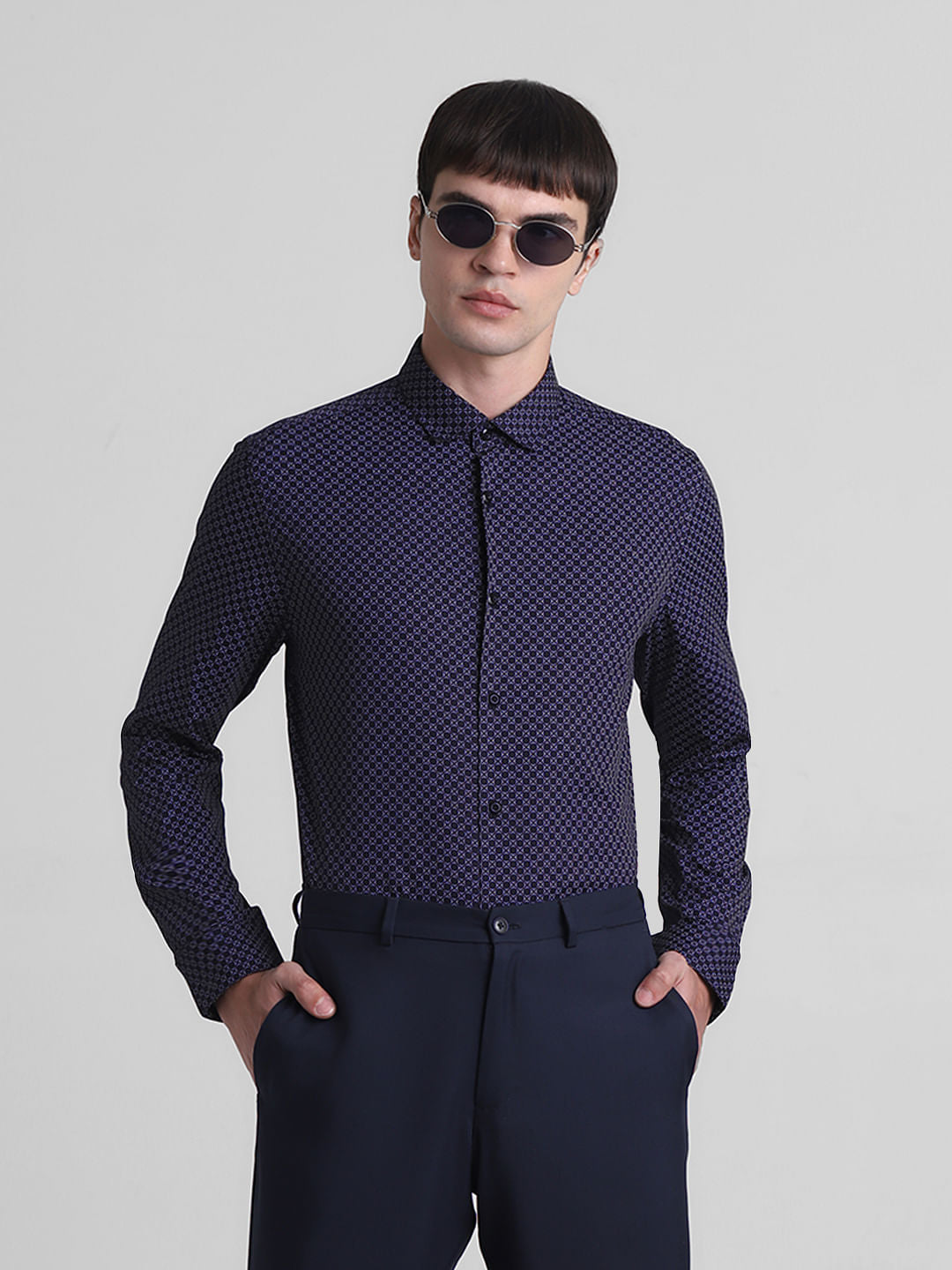 Navy Blue Printed Full Sleeves Shirt - S
