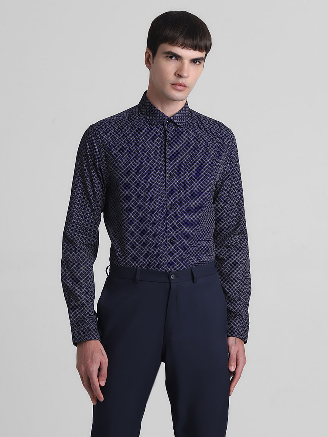 Navy Blue Printed Full Sleeves Shirt
