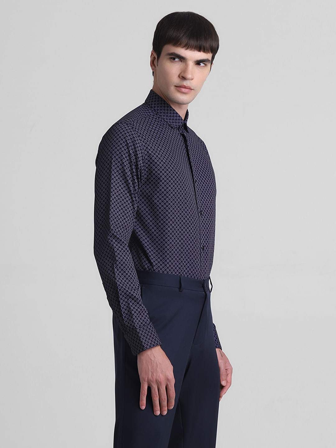 Navy Blue Printed Full Sleeves Shirt
