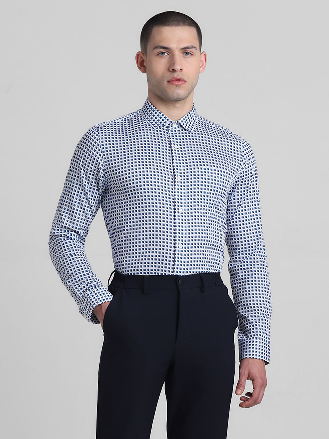 White & Blue Printed Dobby Shirt