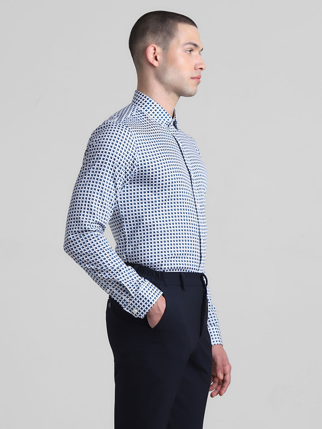 White & Blue Printed Dobby Shirt